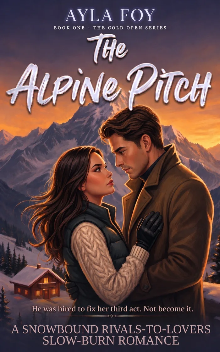 The Alpine Pitch by Ayla Foy. A couple facing each other in front of snowbound mountains at sunset.
